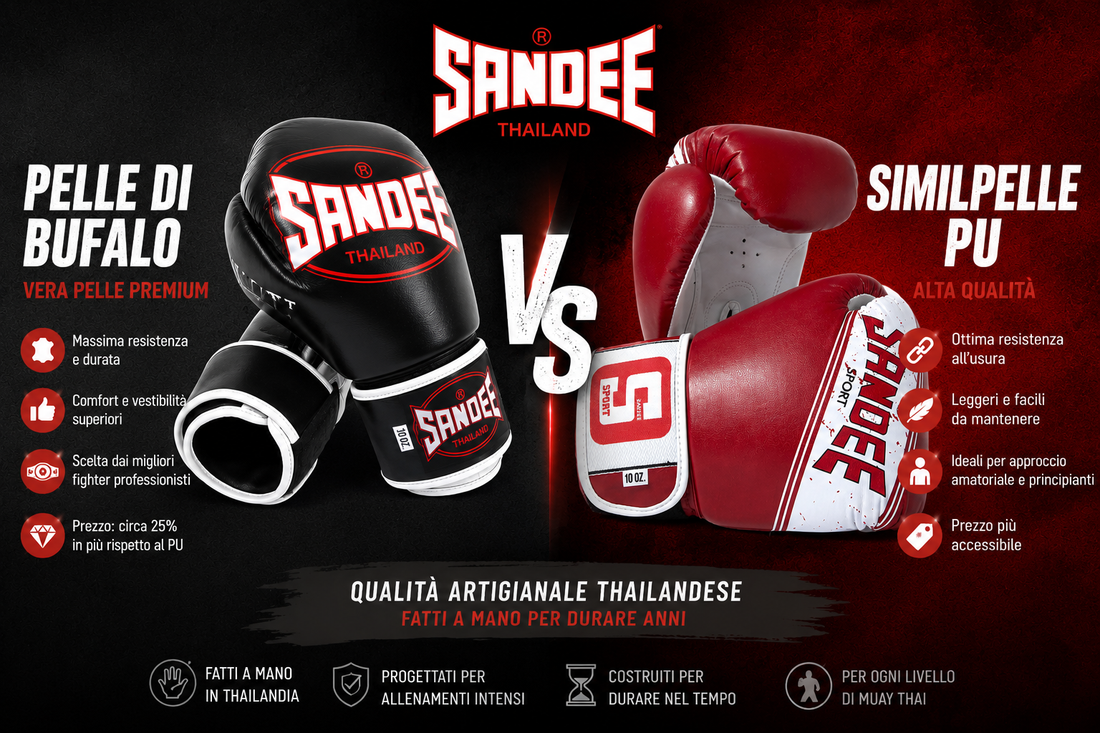 Guantoni da Muay Thai Sandee in pelle di bufalo vs similpelle (PU): quale scegliere?